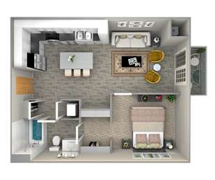 a 3d rendering of a furnished floor plan with a bedroom and a bathroom