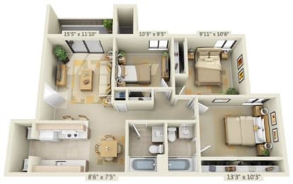 Bishops Court Apartments Buckingham 3x2 Floor Plan 1025 Square Feet