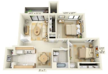 Zinfandel Village Apartments 2x1.3 Floor Plan 838 Square Feet