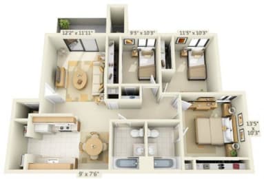 Zinfandel Village Apartments 3x2 Floor Plan 1022 Square Feet