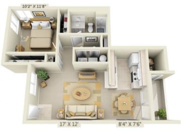 Floor Plan  Creekside Village Apartments 1x1 Floor Plan 719 Square Feet