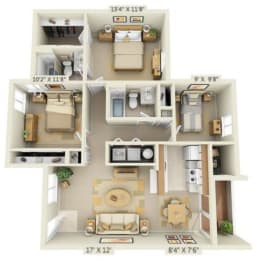 Martinazzi Village Apartments 3x2 Floor Plan 1067 Square Feet