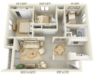 Rolling Hills Apartments 3x1 Floor Plan 943 Square Feet