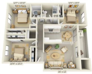 Rolling Hills Apartments 3x2 Floor Plan 1089 Square Feet