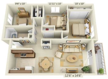Todd Village Apartments 3 Sisters Mountain 3x1 Floor Plan 982 Square Feet