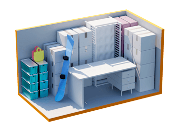 Floor Plan  3D Image of a medium self-storge unit with items and boxes