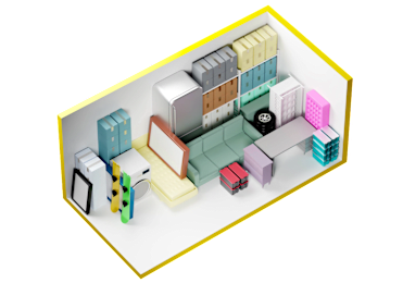 Floor Plan  3D Image of a large self-storge unit with items and boxes