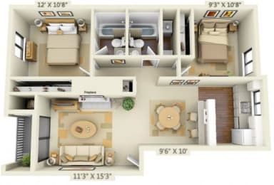 Washington 2x2 Floor Plan 876 Square Feet at Pembrooke Apartment Homes, Washington