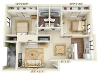 Paramount 2x2 Floor Plan 956 Square Feet at Pembrooke Apartment Homes, Kent, WA 98032