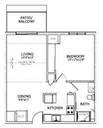 Floor Plan  A floor plan of a home with a living area, dining area, kitchen, bathroom, bedroom, and a patio/balcony.