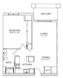 Floor Plan  A floor plan of a small apartment with a bedroom, living room, kitchen, and dining area.