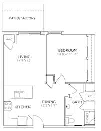Floor Plan  A floor plan of a home with a living room, dining room, kitchen, bedroom, and bathroom.