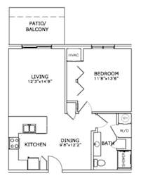 Floor Plan  A floor plan of a home with a living room, dining room, kitchen, bedroom, and bathroom.