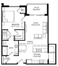 Floor Plan  A black and white floor plan of a house with a living room, kitchen, bathroom, and other rooms.