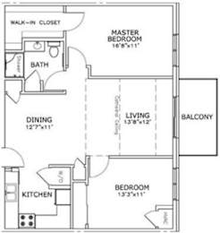 Floor Plan  A floor plan of a home with a living room, dining room, kitchen, and three bedrooms.