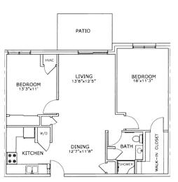 Floor Plan  A floor plan of a house with a patio, living room, dining room, kitchen, and two bedrooms.