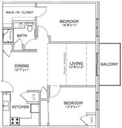 Floor Plan  A floor plan of a small apartment with a living room, dining room, kitchen, and two bedrooms.