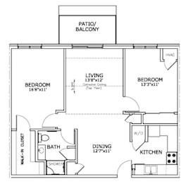 Floor Plan  A floor plan of a home with a living room, two bedrooms, a bathroom, a dining room, a kitchen, and a walk-in closet.
