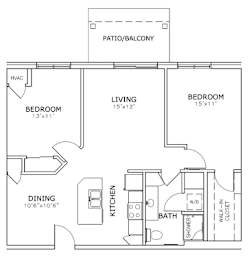 Floor Plan  A floor plan of a home with a living room, two bedrooms, a dining area, a kitchen, and a bathroom.