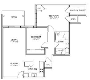Floor Plan  A floor plan of a house with a living room, two bedrooms, a patio, a walk-in closet, a dining area, a kitchen, and a bathroom.