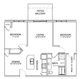 Floor Plan  A floor plan of a home with a living room, two bedrooms, a dining room, a kitchen, a bathroom with a walk-in closet, and a patio/balcony.