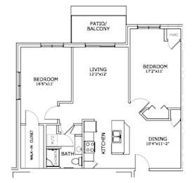 Floor Plan  A black and white image of a house floor plan with a living room, two bedrooms, a bathroom, a walk-in closet, a dining area, and a kitchen.