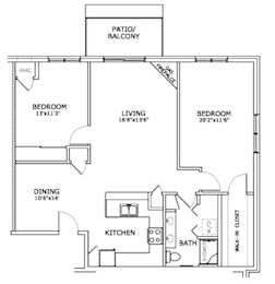 Floor Plan  A floor plan of a home with a living room, two bedrooms, a dining room, a kitchen, and a bathroom.