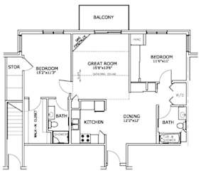 Floor Plan  A black and white image of a floor plan for a house with a balcony.