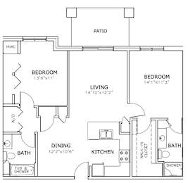 Floor Plan  A floor plan of a house with two bedrooms, a living room, a dining room, a kitchen, a patio, and a bathroom with a tub and shower.