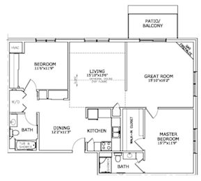 Floor Plan  A floor plan of a house with a master bedroom, a living room, a great room, a dining room, a kitchen, a patio, a balcony, a bath, a tub and shower.