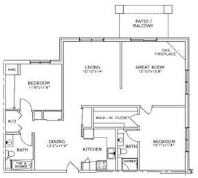 Floor Plan  A floor plan of a house with a living room, two bedrooms, a dining room, a kitchen, a patio, a balcony, a great room, and a gas fireplace.