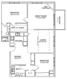 Floor Plan  A floor plan of a home with a living room, dining room, kitchen, and three bedrooms.