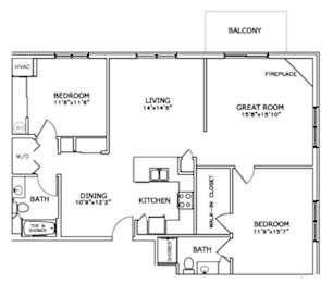 Floor Plan  A floor plan of a house with a balcony, living room, dining room, kitchen, and two bedrooms.