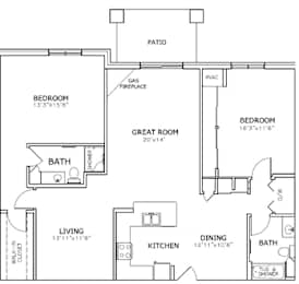 Floor Plan  A floor plan of a house with a living room, two bedrooms, a bathroom, a kitchen, a dining room, and a great room.