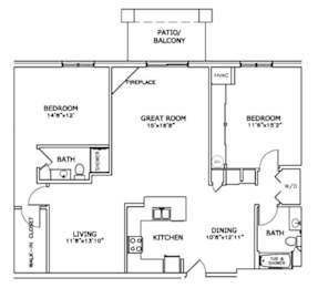 Floor Plan  A floor plan of a house with a living room, two bedrooms, a great room, a patio, a walk-in closet, a kitchen, a dining room, and a bathroom.