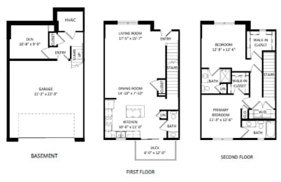 Floor Plan  three floor plan of a house with three bedrooms and a garage