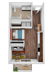 Floor Plan  A top-down view of a small apartment with a bed, a couch, a desk, and a kitchenette.