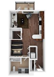 Floor Plan  A top-down view of a small, modern apartment with a bed, desk, and kitchenette.