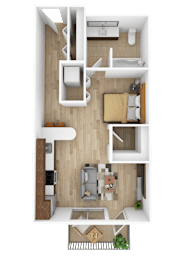 Floor Plan  A top-down view of a small apartment with a kitchen, living room, and bedroom.