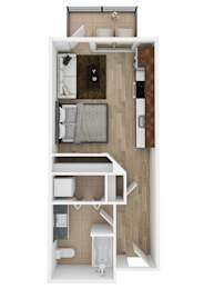 Floor Plan  A top-down view of a small, modern apartment with a kitchen, living room, and bathroom.