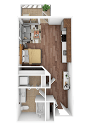 Floor Plan  A top-down view of a small apartment with a kitchen, living room, and bathroom.