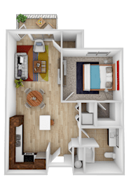 Floor Plan  A top-down view of a small apartment with a living room, kitchen, and bedroom.