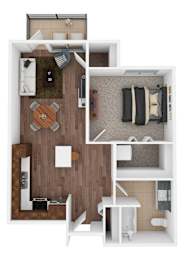 Floor Plan  A top down view of a small apartment with a kitchen, living room, and bathroom.