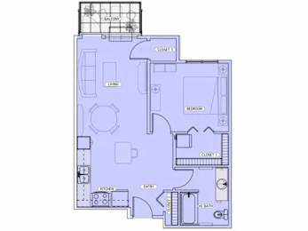 Floor Plan  A top-down view of a small apartment with a living room, kitchen, and bathroom.
