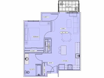 Floor Plan  A top-down view of a small apartment with a bedroom, living room, and kitchen.