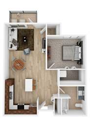 Floor Plan  A top down view of a small apartment with a kitchen, living room, and bathroom.