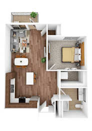 Floor Plan  A top-down view of a small apartment with a kitchen, living room, and bathroom.