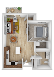 Floor Plan  A top-down view of a small apartment with a kitchen, living room, and bathroom.