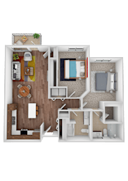 Floor Plan  A 3D floor plan of a house with a kitchen, living room, dining room, and bedrooms.