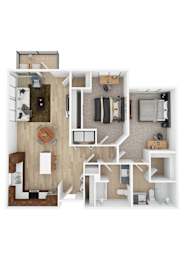 Floor Plan  A top down view of a house layout with a kitchen, living room, dining room, and bedrooms.
